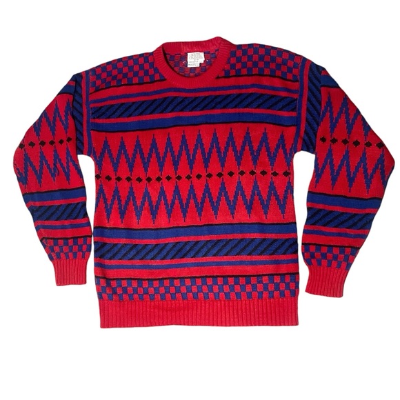 Vtg 80s Streetwear Mens L Knit Sweater Red Blue Purple Crewneck Geometric Print - Picture 4 of 11